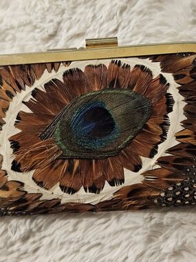 Peacock Feather Accent Clutch - Brown & Green